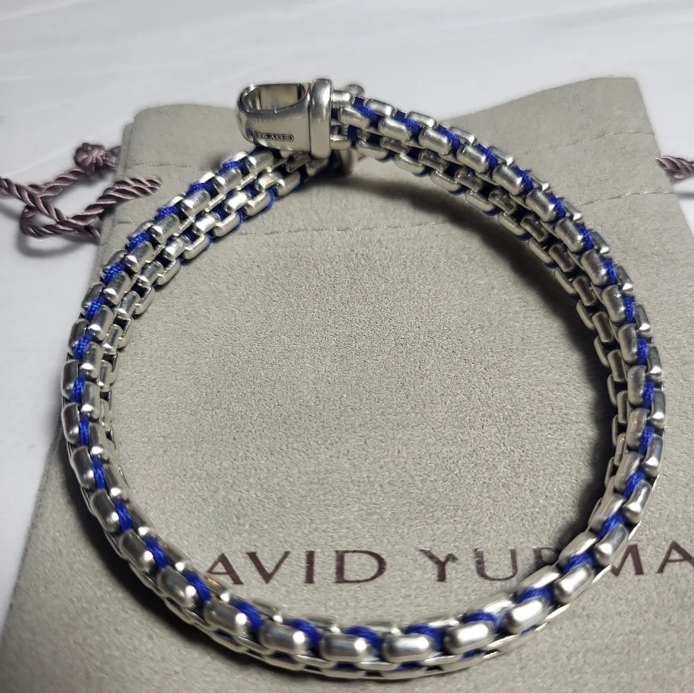 David Yurman Silver Box-Chain Bracelet with Blue Accents Authentic. # 229